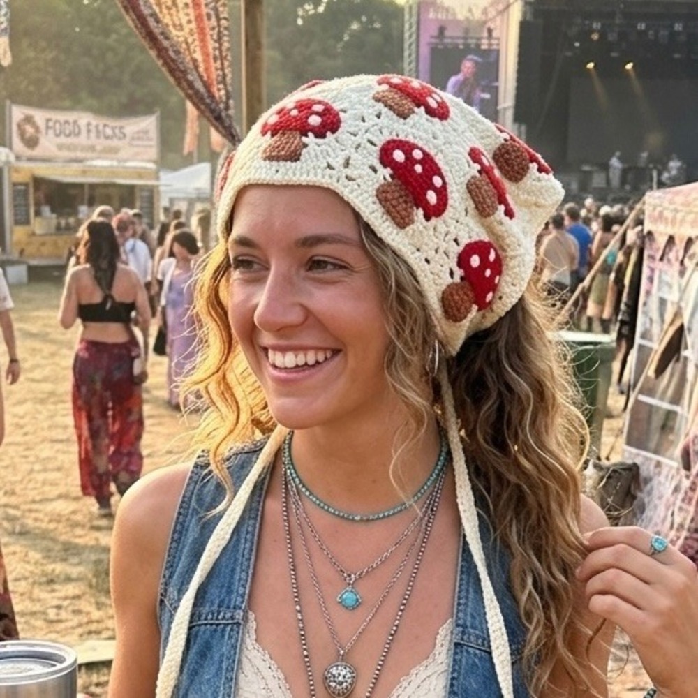 Crochet Mushroom Bandana Headscarf Cream Red Toadstool Boho Festival